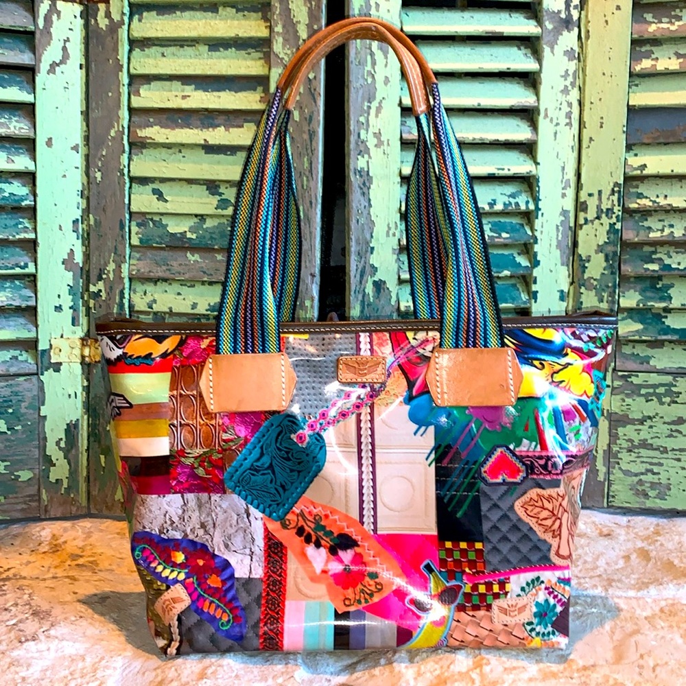 Consuela Multicolor Patchwork Tote with Teal, Pink, Yellow & Brown Accents